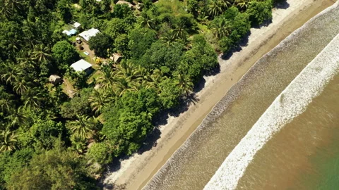 Top down profile aerial view of a tropical beachside village and shoreline.  Stock Footage 162999062