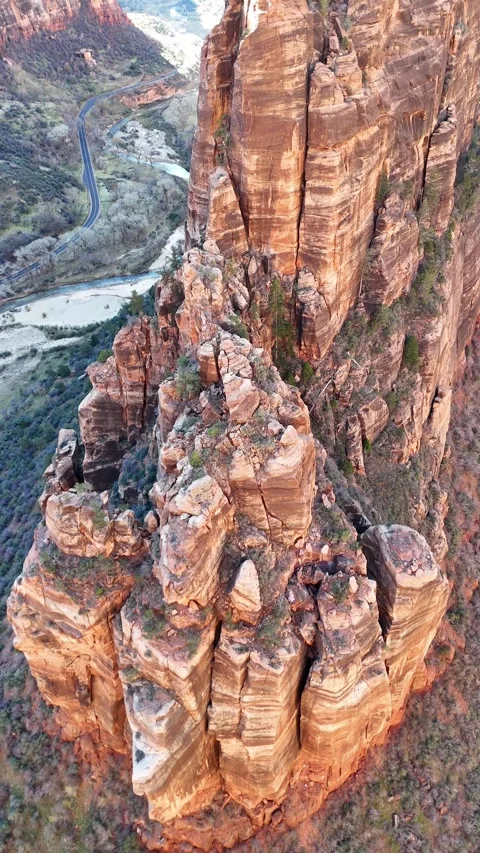 Top-Down Red Rock Formation Zion Aerial, Vertical Stock Footage 327544967