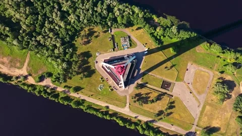 Top Down Riga Television Tower And Data Center On Zaķusala Island Latvia Stock Footage 346850175