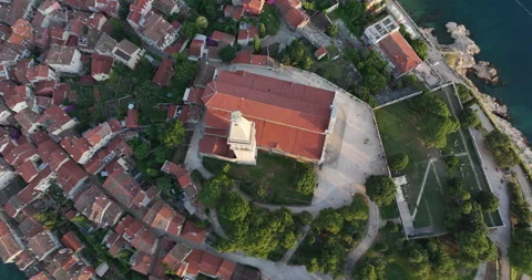 Top down rise over St Euphemia Church in Rovinj at golden hour Stock Footage 346648871
