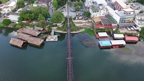 Top down of river Kwai and The bridge of river Kwai which start from a river Stock Footage 229930978