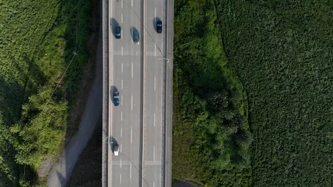 Top down roadway view of the Mission Bridge with cars travelling over the deck. Stock Footage 108301134