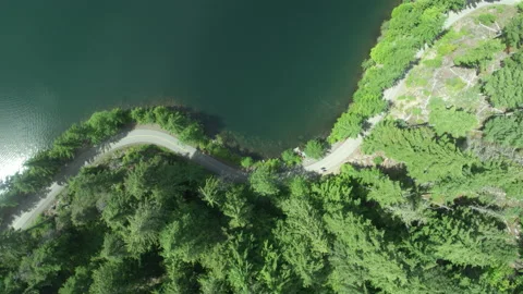 Top down rotating aerial of green lake and path in Whistler Canada in summer Stock Footage 203936696