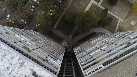 Top down rotating aerial shot of socialist housing building Stock Footage 113044395