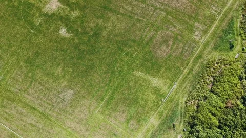 Top-Down Rotating Aerial Shot of Football Field in London Park with Green Grass Stock Footage 309761933
