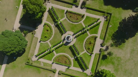 Top down rotating view of elements in decorative garden. Sunny day in Kongens Stockbeeldmateriaal 209167272