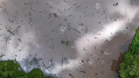 Top-down shot captures a river with brownish water and floating debris Stock-Footage 332590899