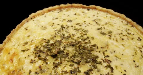 Top down shot, Delicious Cheese Pie Dish, Quiche Meal, Turning Around Stock Footage 242431163