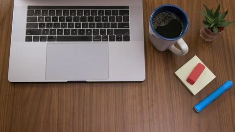 Top down shot off an office work desk environment Stock Footage 119982850