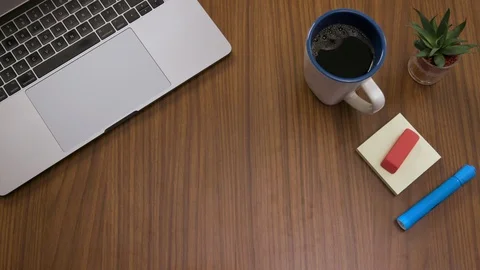 Top down shot off an office work desk environment Stock Footage 119982854
