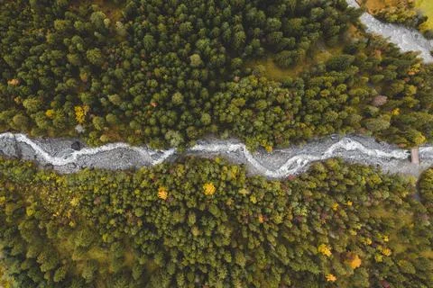 Top down shot of a small river in a forest Stock Photos