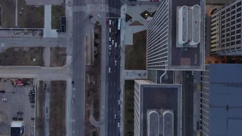 Top-down shot of street, downtown Detroit, Michigan at dusk Stock Footage 287618741