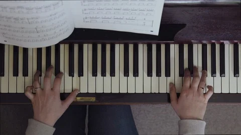 TOP DOWN SHOT OF TWO HANDS PLAYING AN UPRIGHT PIANO Stock Footage 126420944