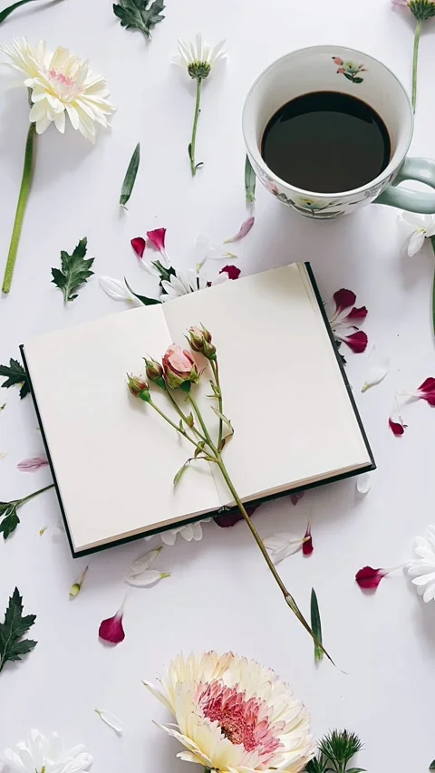 Top down sketchbook view, journal with rose buds, pink roses and flowers Video stock 306799943