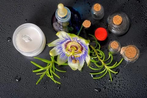 Top down of spa composition blue passiflora flower, cosmetic salt mortar and  写真素材