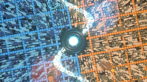 Top-down spinning satellite blueprint view of entire illuminated digital, 4K Stock Footage 336840727