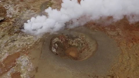 Top-down static shot of a steaming geothermal mud pool at Gunnuhver in Stock Footage 342734226