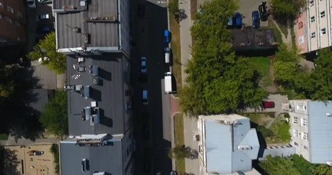 Top Down Steer View. Rooftops Block Apartment. Parked Cars Stock Footage 93259704