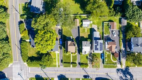 Top-Down Street View with Rows of Residential Properties Stock Photos