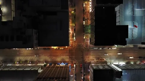 Top-down of streets, downtown Indianapolis at night Stock Footage 258524254
