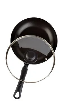 Top-Down Studio View of New Non-Stick Frying Pan with Glass Lid Isolated on.. Stock Photos