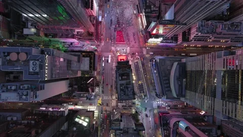 Top Down Times Square Midtown Manhattan Aerial. Night cinematic drone 4k Stock Footage 204819508