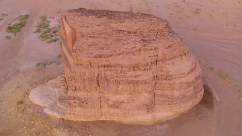 Top down Tomb of Lihyan, close up. Hegra, Al Ula, Saudi Arabia. 4K Aerial. Stock Footage 196830857