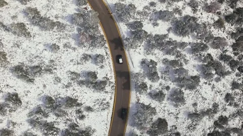 Top-Down Tracking Shot of Two Cars Traveling Through Snowy Landscape Stock-Footage 317216716
