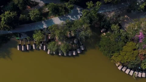 Top Down Traditional bamboo huts on Huay Tueng Thao Reservoir Chiang Mai Th.. Stock Footage 331476203