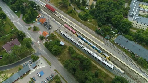 Top Down Train Station Hel Dworzec Kolejowy Aerial View Poland Stock Footage 242213705