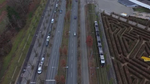 Top Down Tram Approaching European Parliament with Luxembourg City in Background Stock-Footage 332963344