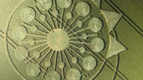 Top down twisting aerial over intricate crop circle in farm field, Stock Footage 268288985
