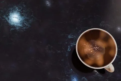 Top down view of 3d rendered coffee cup reflecting starry sky Stock Illustration