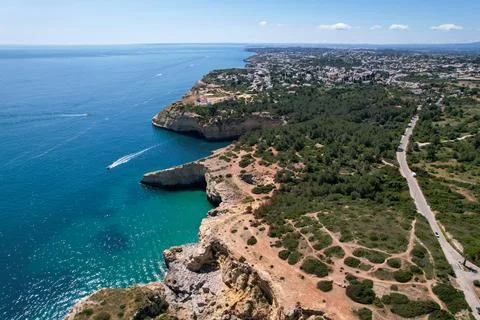 Top down view of the Algave coast including the Farol de Alfanzina lighthou.. Stock Photos
