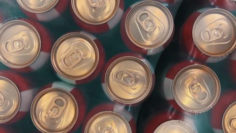 Top Down View: Aluminum Beverage Cans Packed in Plastic Film Blocks | Wholesale Stock Footage 316990712