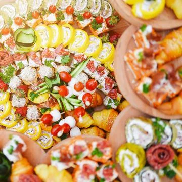 Top down view of arranged canape food served Stock Photos