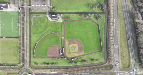 Top down view on baseball field. Outdoor sports activity. Amateur sporting club 스톡 동영상 265094824