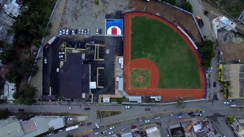 Top-Down View of Baseball Stadium in Urban Zone Stock Footage 306892482