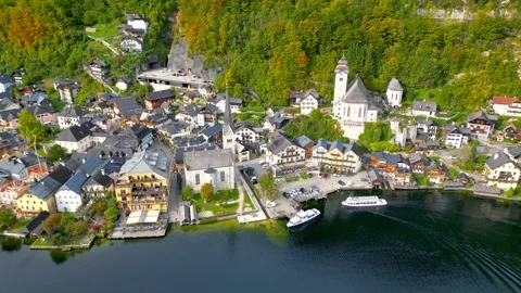 Top down view of beautiful Hallstatt town and Hallstattersee in Austria. UN.. Stock Footage 307476467