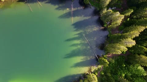 Top down view of beautiful mountain lake in pine forest, turquoise lake aerial Stock Footage 157434950