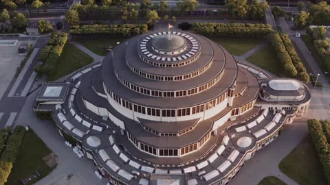 Top down view of a beautiful, symmetrical sphere building. Modern architecture. Stock Footage 146100598