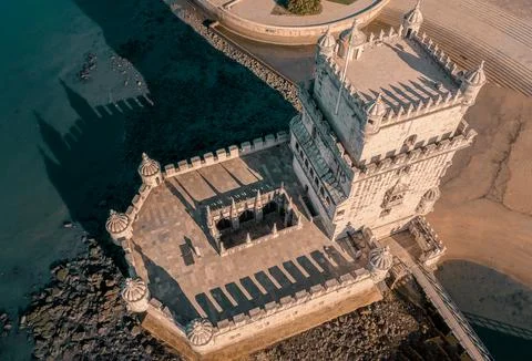 Top down view of Belem tower, Lisbon, Portugal on Tagus river bank Stock Photos