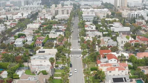 Top down view of Beverly Hills California a residential neighborhood, cloudy day Stock Footage 273957575