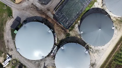 Top Down View of Biogas Digester Domes in Denmark Stock Footage 347966939