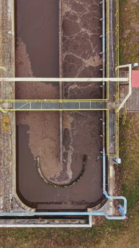 Top down view of biological reactor in wastewater treatment plant in Zduny Stock Footage 329449717