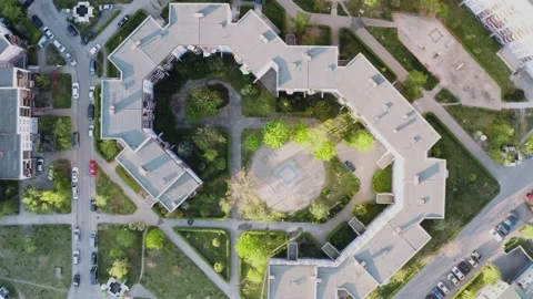 Top down view of a block of flats with green surroundings, modern city. Stock Footage 145996004