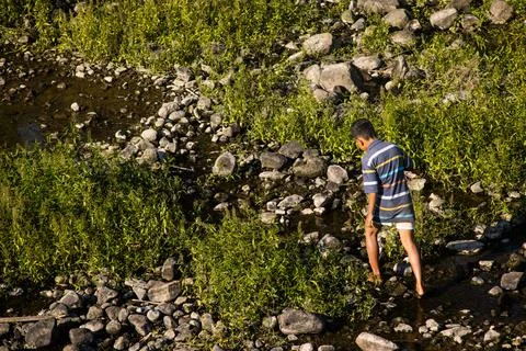 Top Down View of Boy Crossing Shallow River Stream among Rocks and Lush Wil.. 스톡 사진