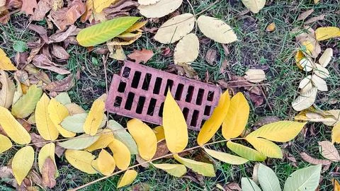 Top-down view of a broken red brick drainage piece surrounded by colorful a.. Stock Photos