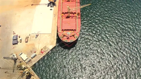Top Down View Of Bulk Carrier Loading At Industrial Port Terminal Stock Footage 339031638