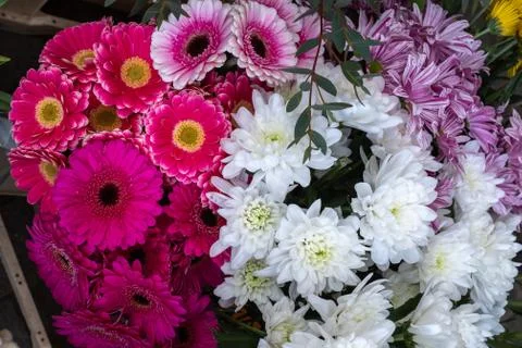 A top down view of bunches of multi-coloured flowers for sale at a local market Stock Photos